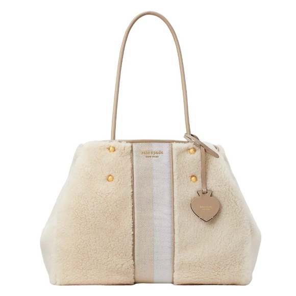 ♠️kate spade Everything Racing Stripe Faux Shearling Fur Large Tote, Cream, NWT - Picture 2 of 16